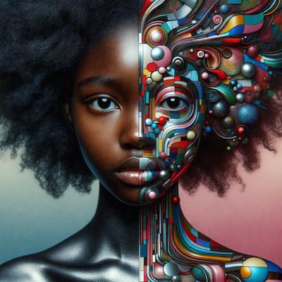 The primary subject of the image is a woman, with one half of her face depicted in black and the other half in colorful, abstract patterns. The setting is a colorful, artistic background that complements the vibrant colors of the woman's face. The visual style is a combination of digital art and illustration, creating a unique and eye-catching image. The colors and mood of the image are lively and energetic, with the woman's face serving as a focal point amidst the